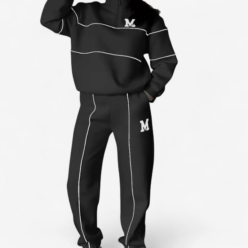 Amanda – Tweedelige Set met Lange Mouwen Shirt met Ritssluiting en Wijd Pijp Broek