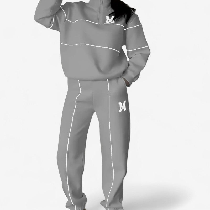 Amanda – Tweedelige Set met Lange Mouwen Shirt met Ritssluiting en Wijd Pijp Broek