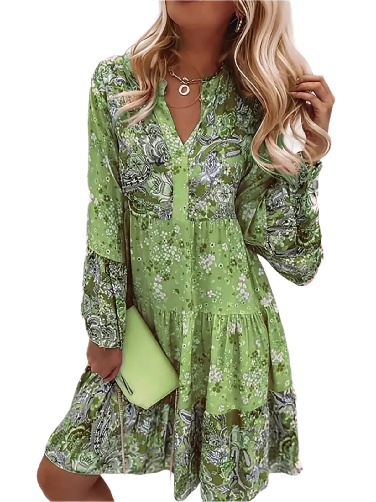 Grace - Elegante geprinte jurk met diepe V-hals en geplooide lange mouwen