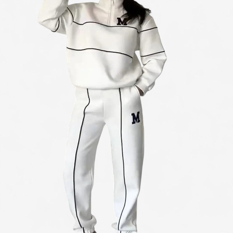 Amanda – Tweedelige Set met Lange Mouwen Shirt met Ritssluiting en Wijd Pijp Broek