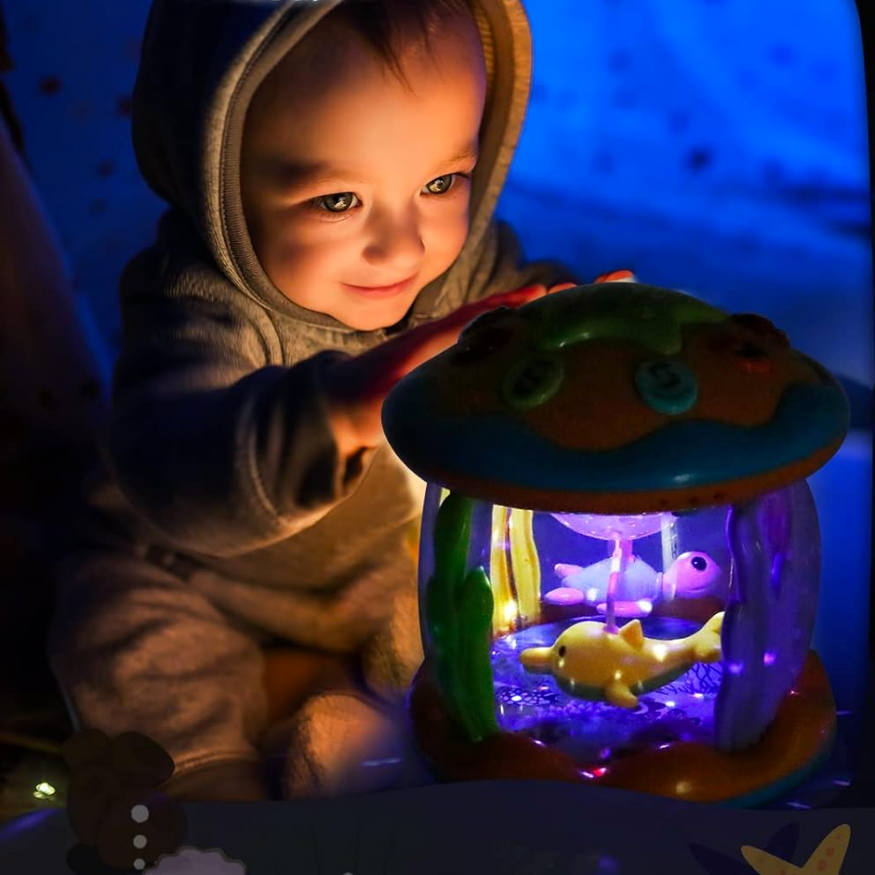TummyGlow - Draaiend babyspeeltje met oceaanthema koepelprojector en oppervlaktebedieningsknoppen