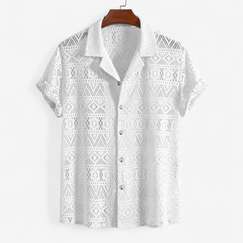 Henk - Transparant Gehaakt Shirt met Ethno-Patroon en Korte Mouwen