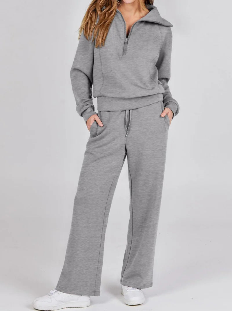Nova - Relaxed-Fit loungeset met ritskraag en wijde broekspijpen