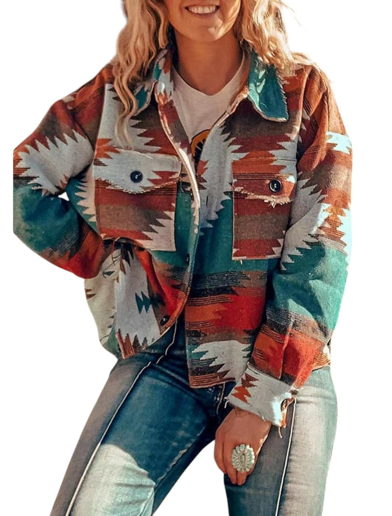 Rachel – Oversized jasje met knopen, geometrisch patroon en borstzakken