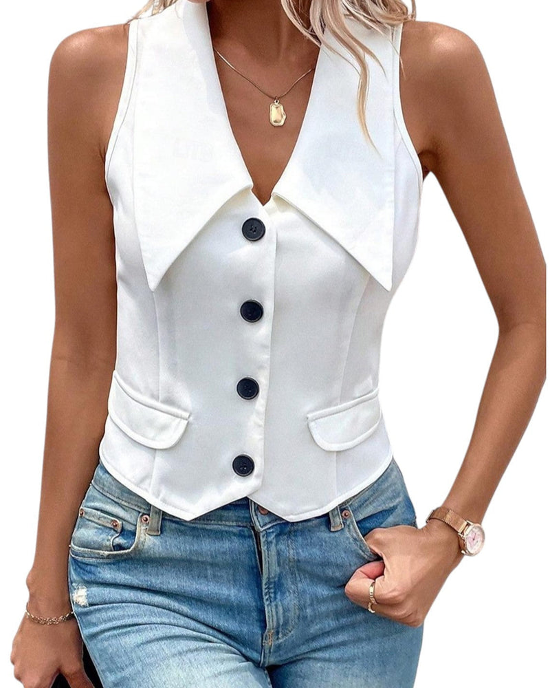 Lina – Chic Mouwloos V-hals Top met Knoopsluiting en Zakken