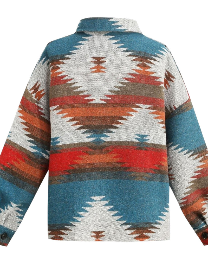 Rachel – Oversized jasje met knopen, geometrisch patroon en borstzakken