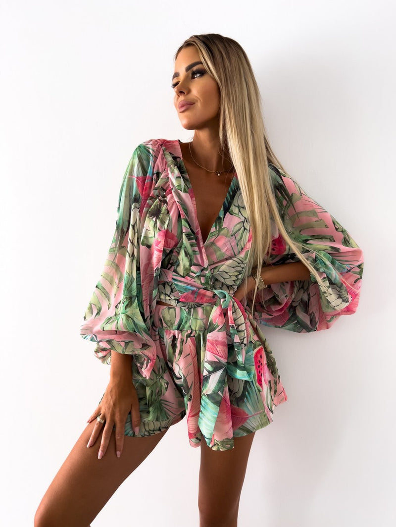Alice - Luxueuze diepe V hals jurk met geprinte lantaarnmouw
