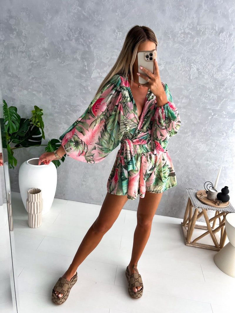 Alice - Luxueuze diepe V hals jurk met geprinte lantaarnmouw