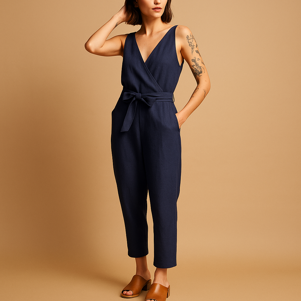 Juna – Trendy mouwloze jumpsuit met diepe V-hals en ceintuur in de taille