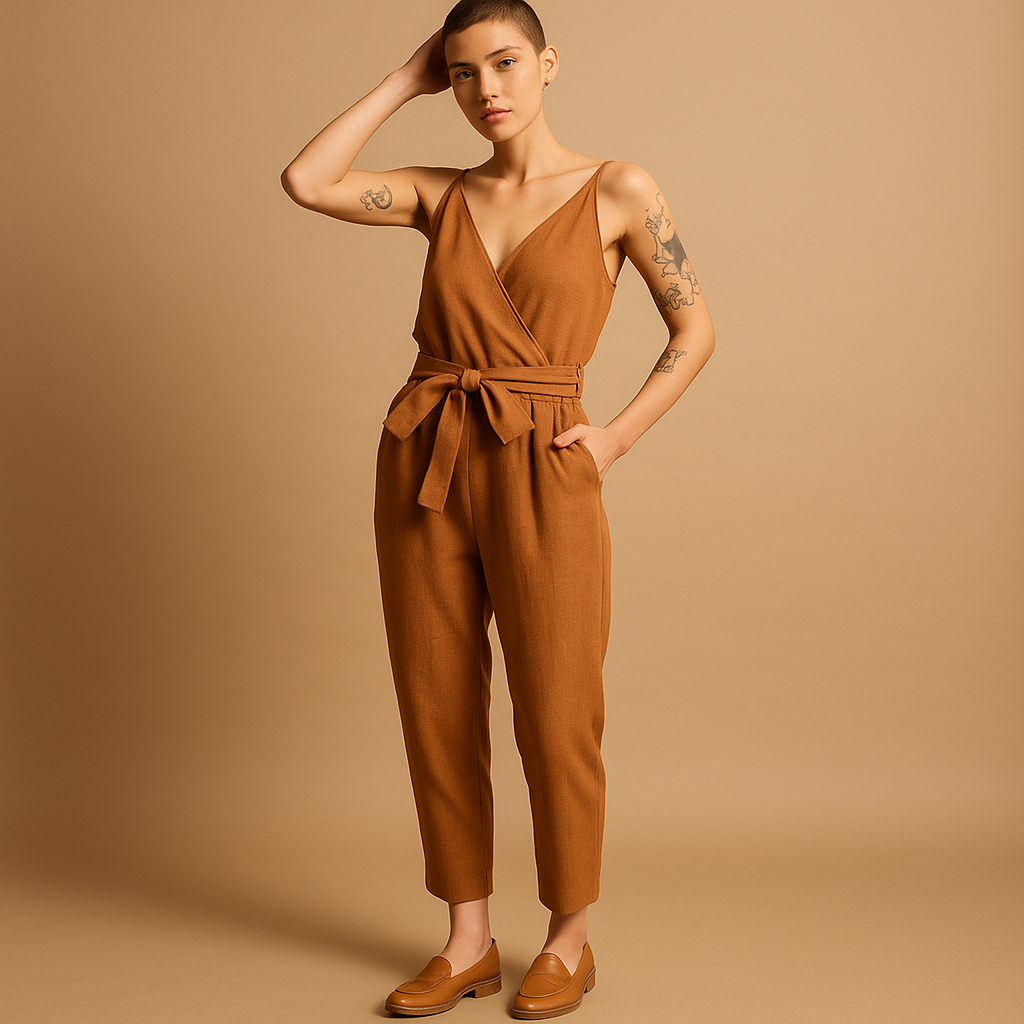 Juna – Trendy mouwloze jumpsuit met diepe V-hals en ceintuur in de taille