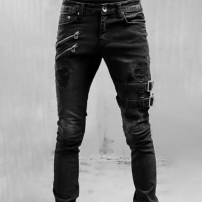 Axel - Distressed Skinny Jeans met ritsaccenten en vet gespriempje