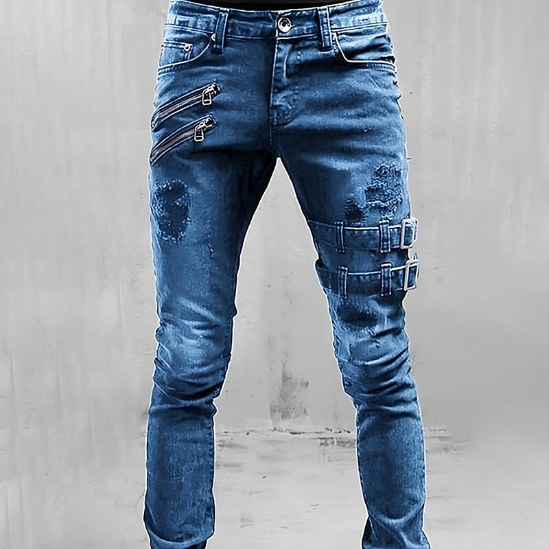 Axel - Distressed Skinny Jeans met ritsaccenten en vet gespriempje