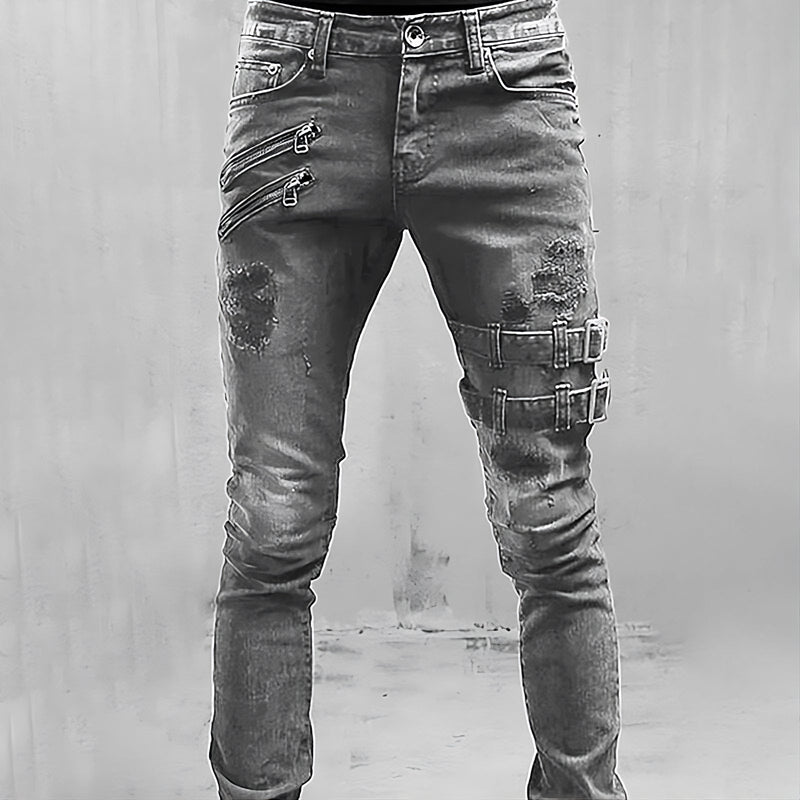 Axel - Distressed Skinny Jeans met ritsaccenten en vet gespriempje