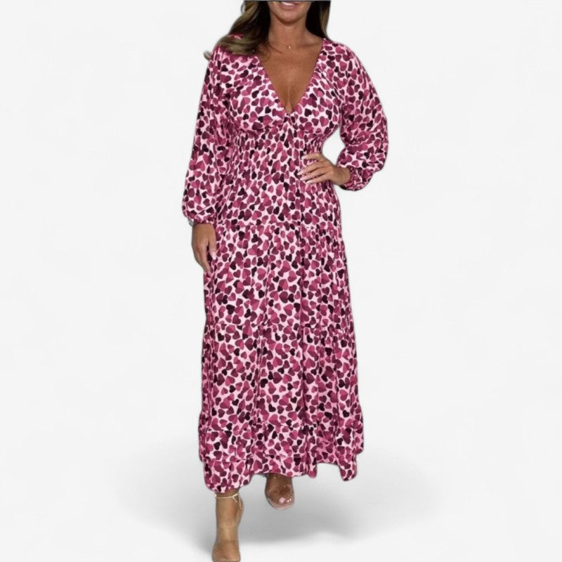 Payton - Lange Mouwen Jurk met V Hals en Bloemenprint