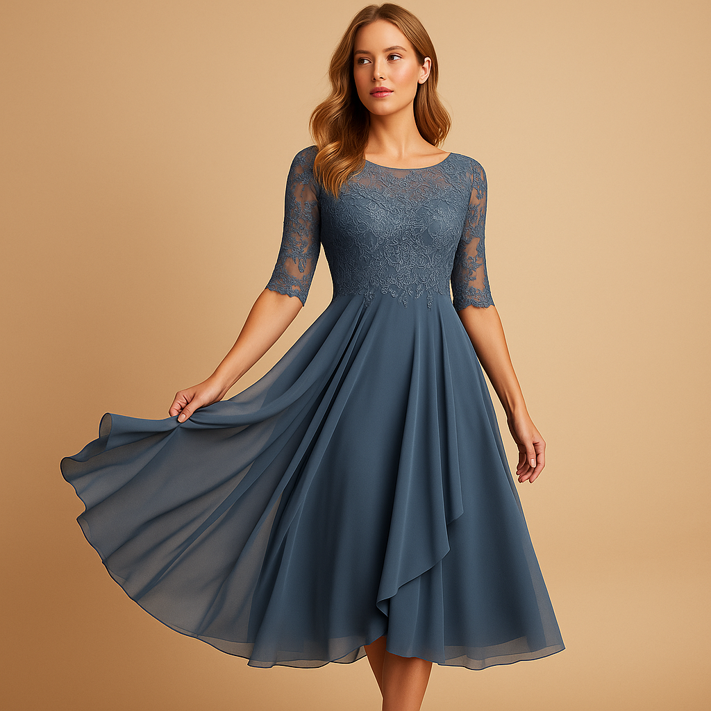 Riley - Flowy midi jurk met korte mouwen en hoge tailleband
