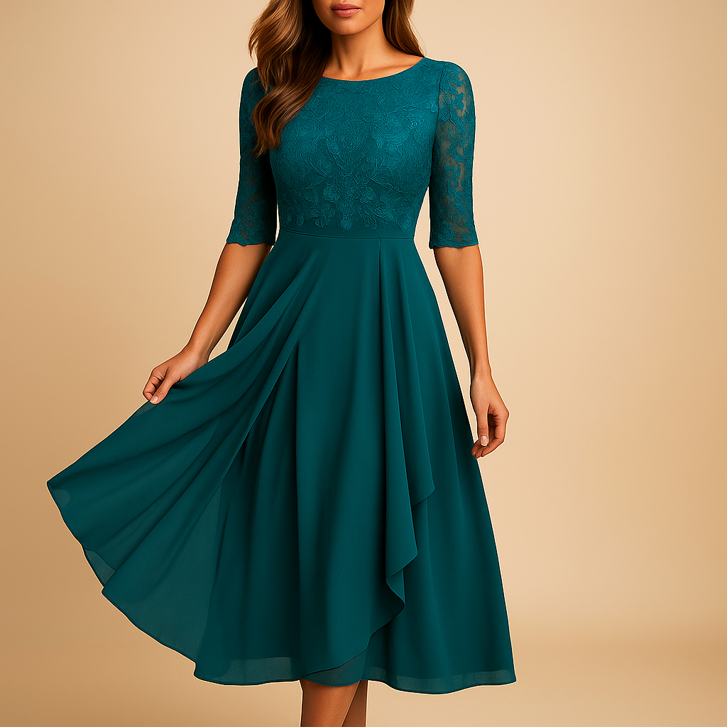 Riley - Flowy midi jurk met korte mouwen en hoge tailleband