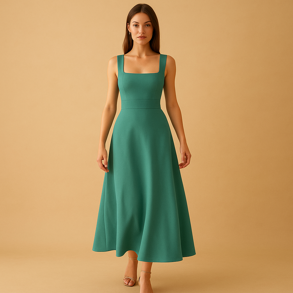 Vera – Midi-jurk met vierkante hals, open rug en hoge tailleband