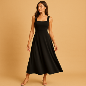 Vera – Midi-jurk met vierkante hals, open rug en hoge tailleband