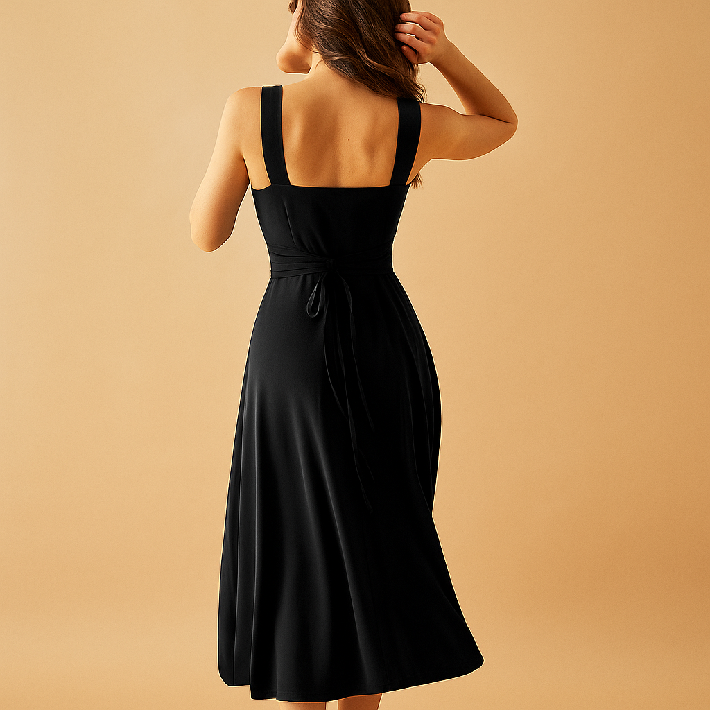 Vera – Midi-jurk met vierkante hals, open rug en hoge tailleband
