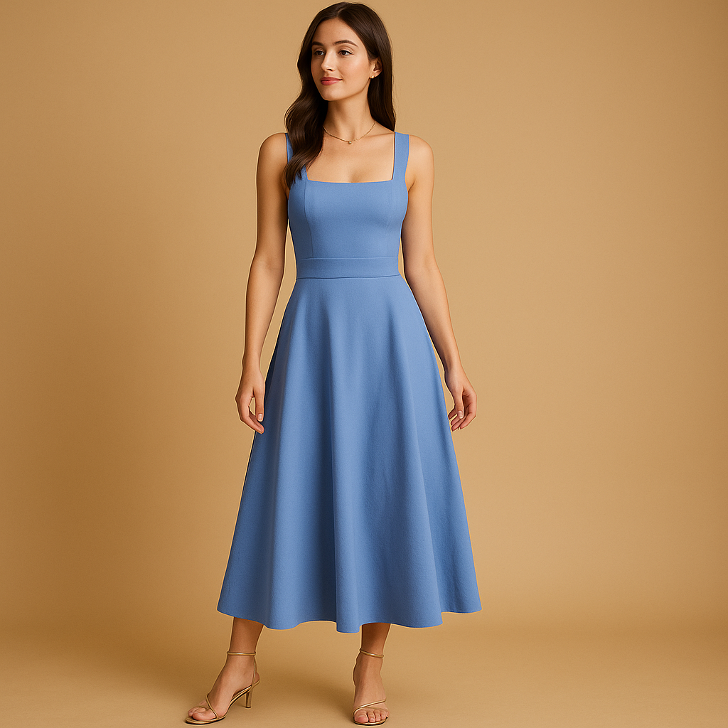 Vera – Midi-jurk met vierkante hals, open rug en hoge tailleband