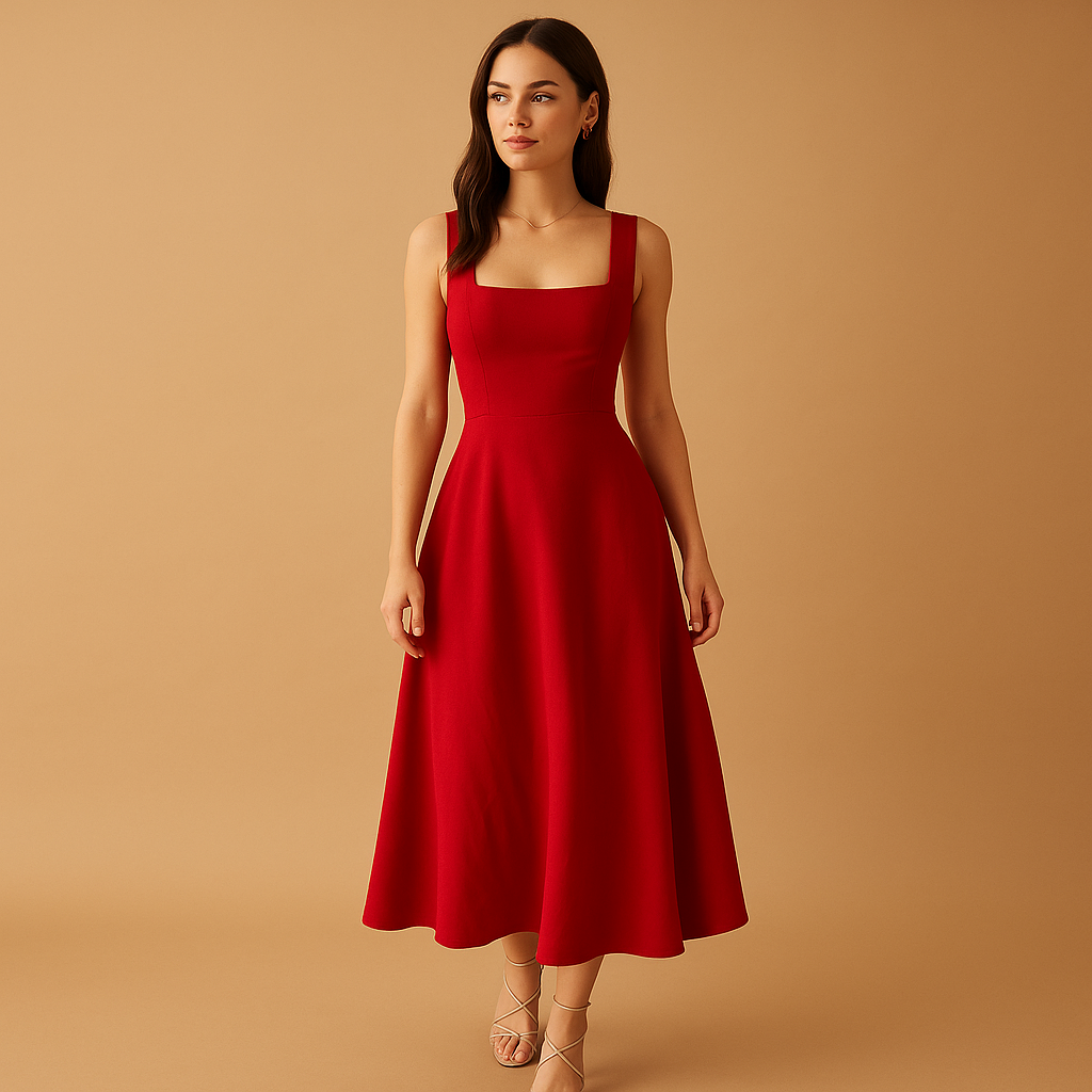 Vera – Midi-jurk met vierkante hals, open rug en hoge tailleband