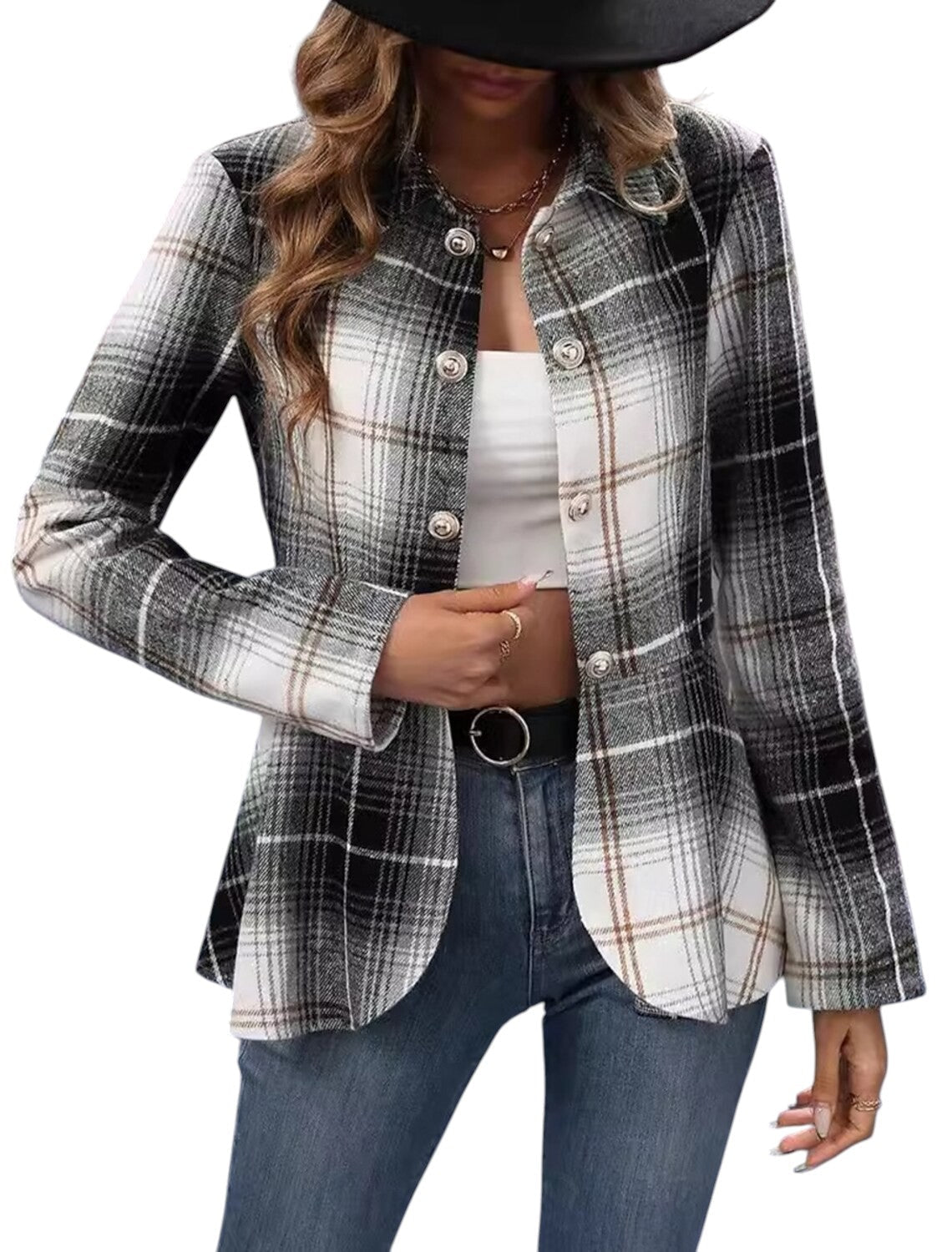 Xena - Geruite blazer met aansluitende taille, knoopsluiting aan de voorkant en uitlopende zoom