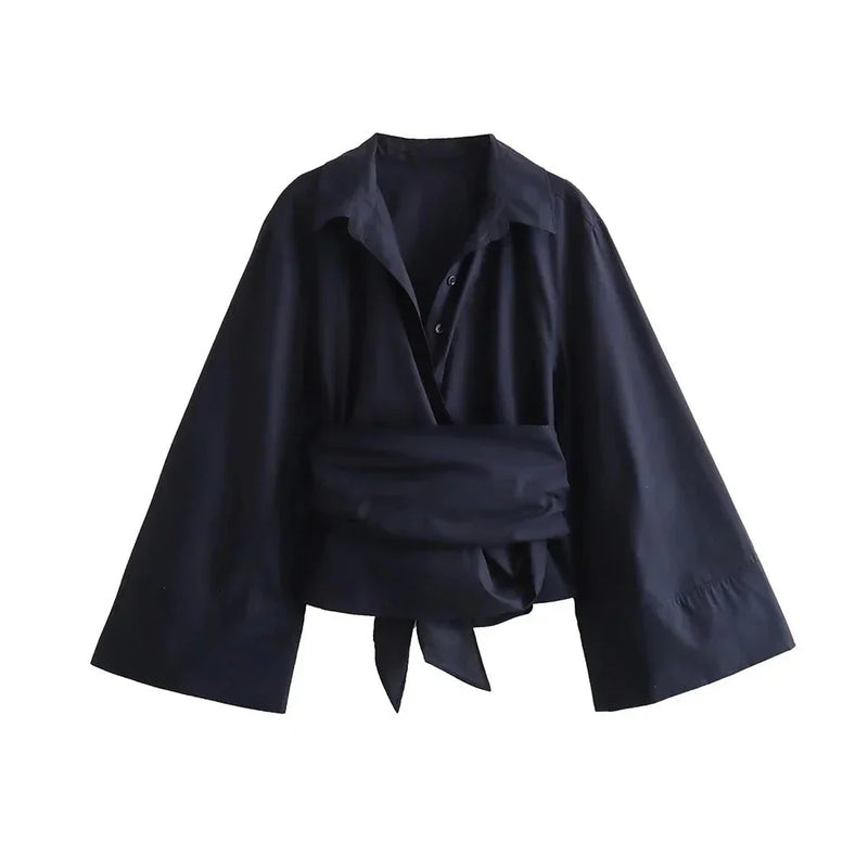 Elena - Stijlvolle wikkelblouse met klokmouwen