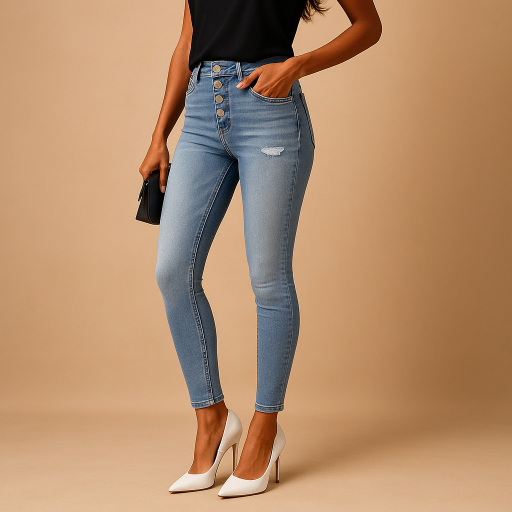 Tessa – Elegante rechte jeans met knoopdetail aan de voorkant en functionele zak