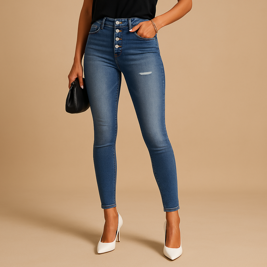 Tessa – Elegante rechte jeans met knoopdetail aan de voorkant en functionele zak