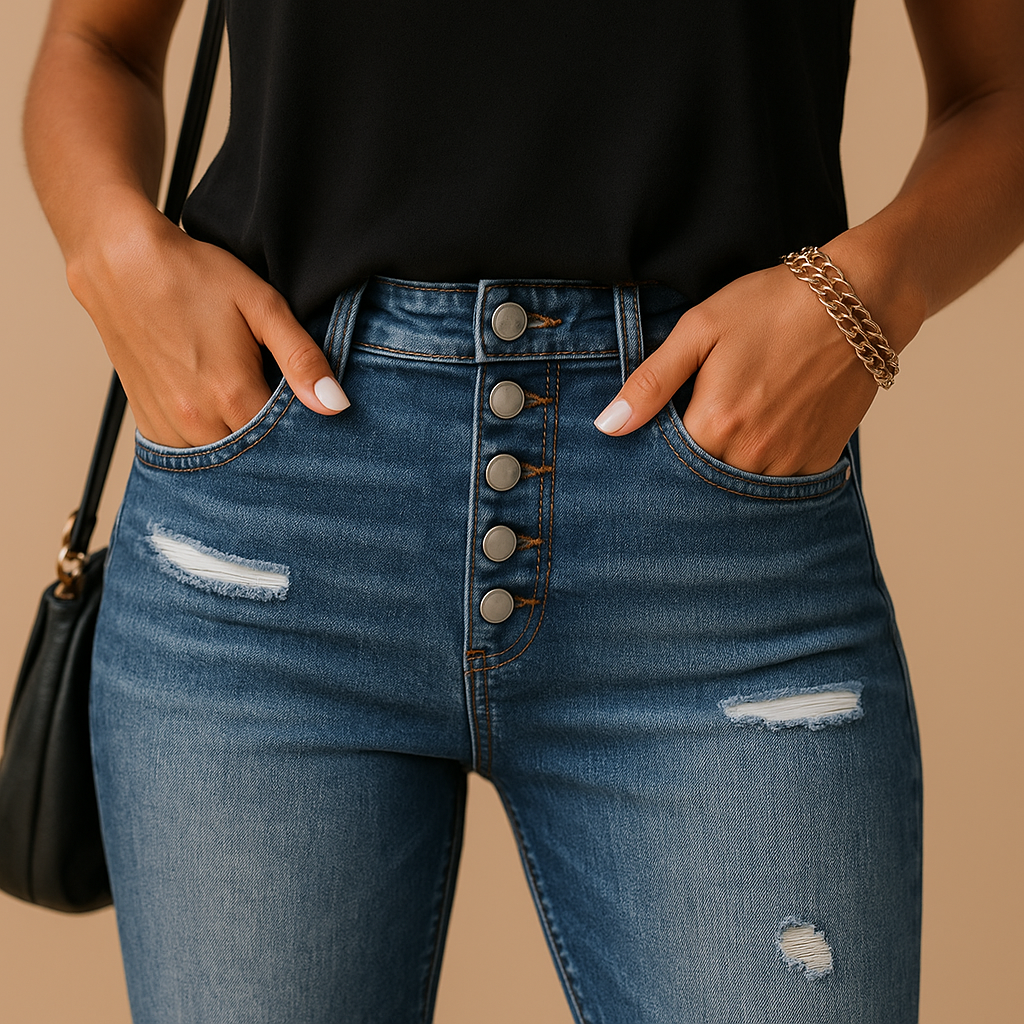 Tessa – Elegante rechte jeans met knoopdetail aan de voorkant en functionele zak