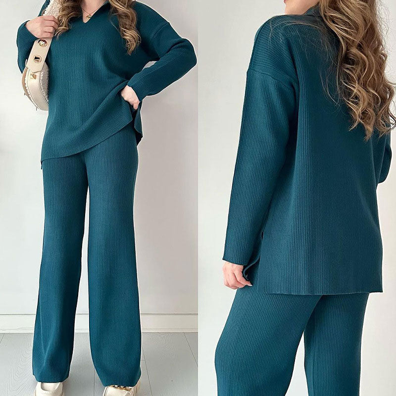 Stella – Tweedelige set met top met v hals en broek met wijde pijpen