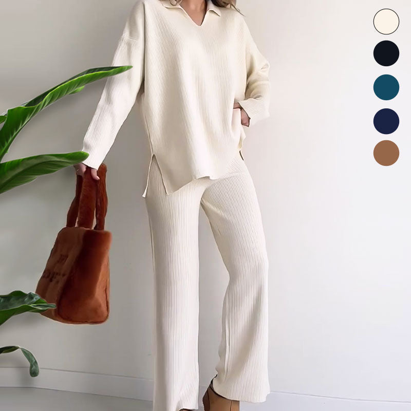 Stella – Tweedelige set met top met v hals en broek met wijde pijpen