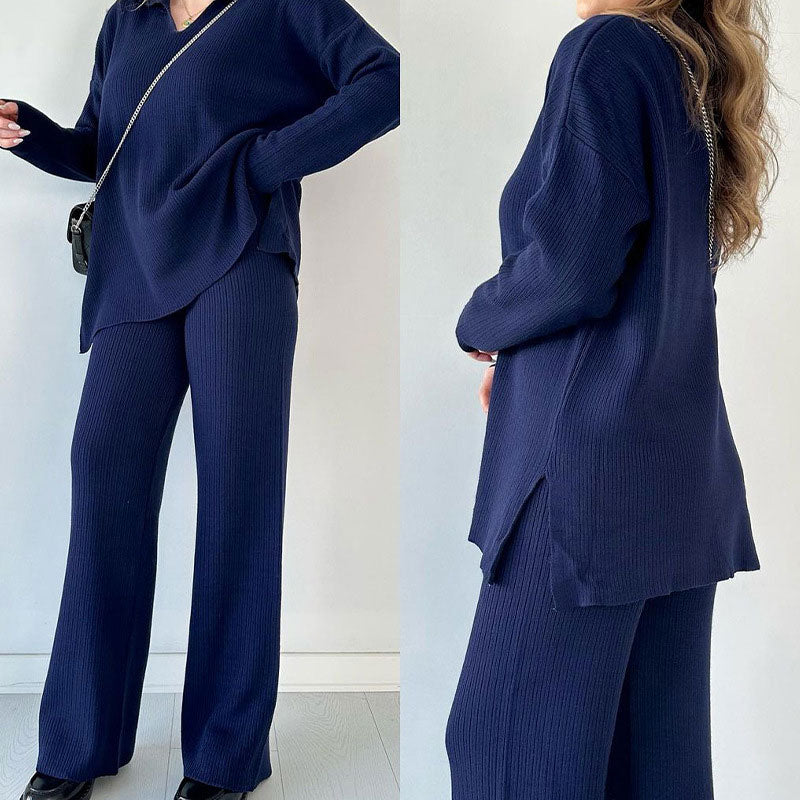 Stella – Tweedelige set met top met v hals en broek met wijde pijpen