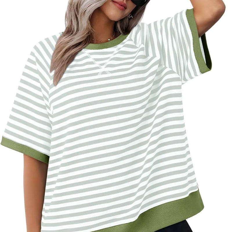 Elara – Casual Gestreept T shirt met Korte Mouwen en O Hals