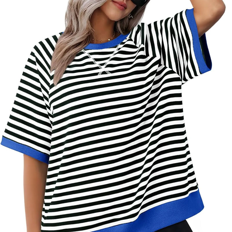 Elara – Casual Gestreept T shirt met Korte Mouwen en O Hals