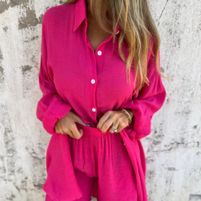 Daphne - Elegante tweedelig set met shirt met lange mouwen en shorts met elastische taille