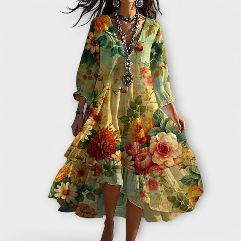 Lucía – Vintage Boho Midi-jurk met Bloemenprint en V-hals