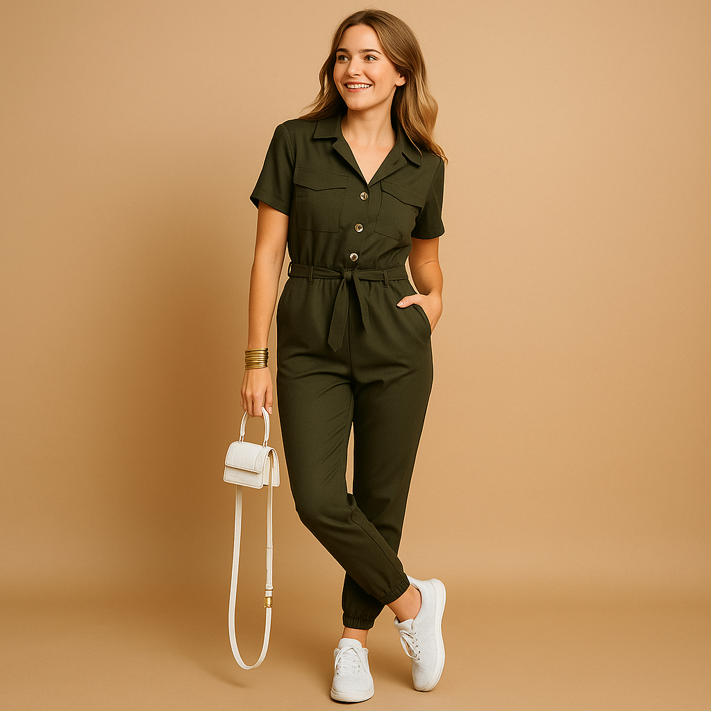 Rhea – Getailleerde V-hals jumpsuit met knopen aan de voorkant en zijzakken