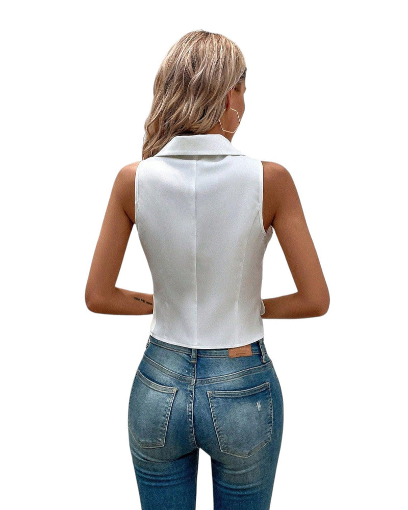 Lina – Chic Mouwloos V-hals Top met Knoopsluiting en Zakken