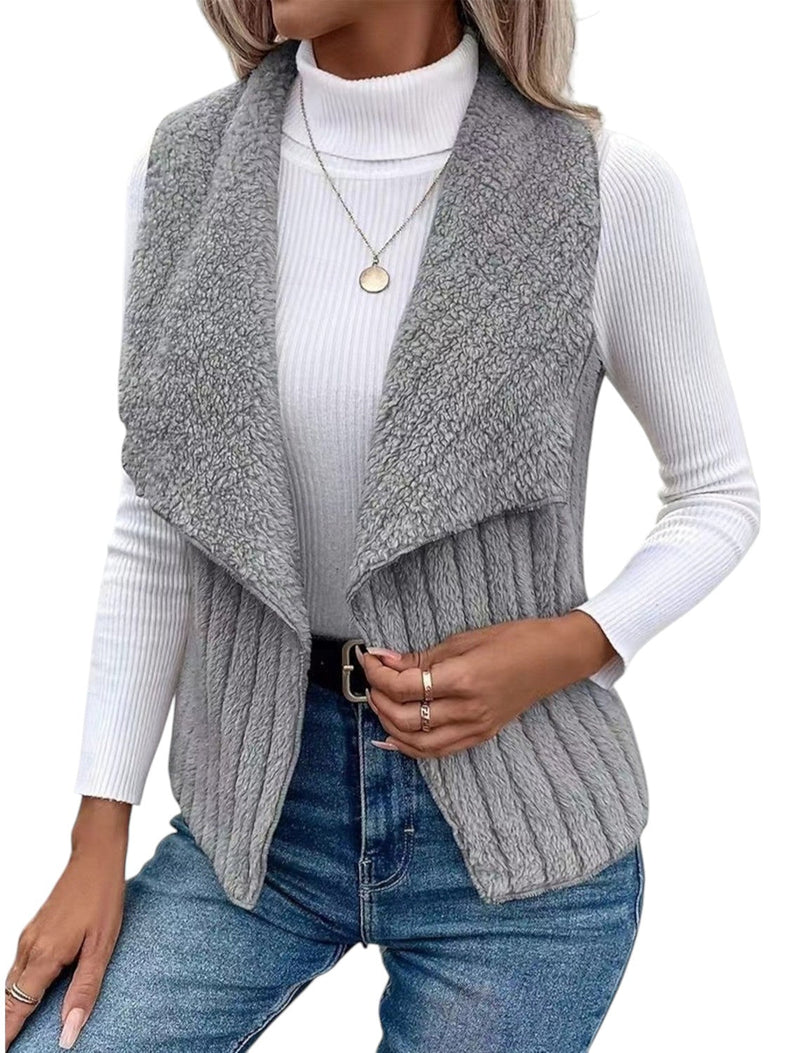 Mira – Stijlvol mouwloos teddyvest met gedrapeerde kraag en geribbelde look