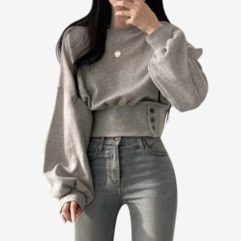 Lina – Trui met Lange Mouwen Knopen in de Taille en Geribde Details