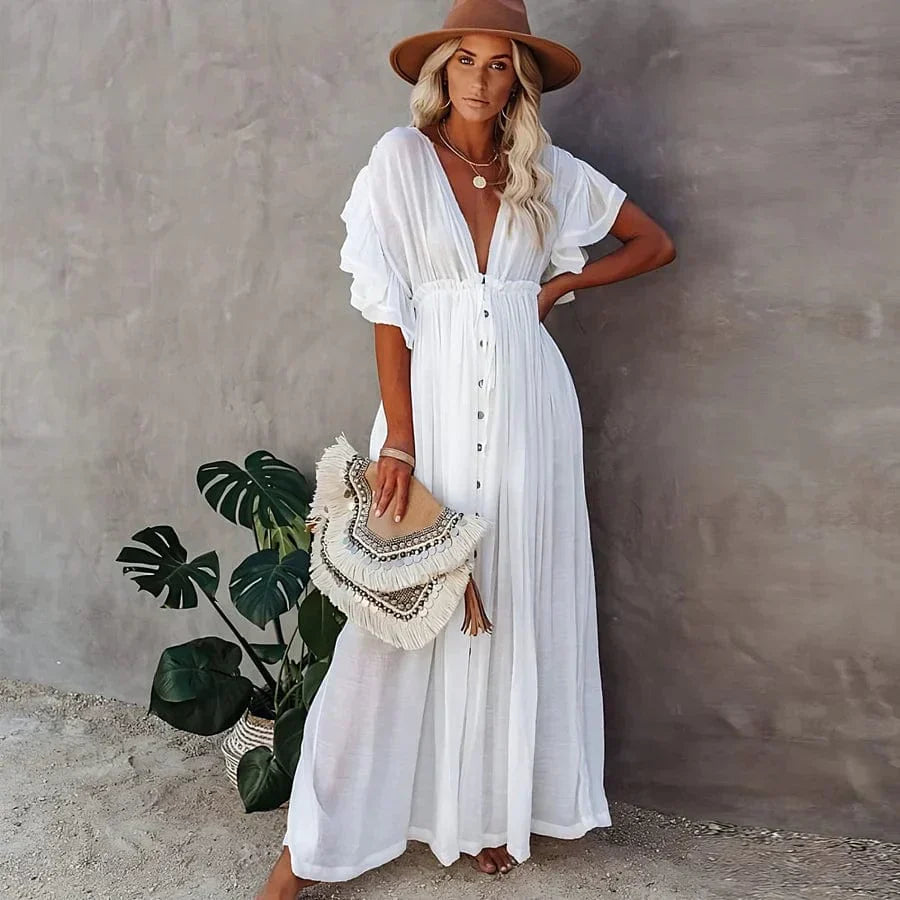 Eva - Casual Losse Diepe V hals Lange Jurk met Knopen
