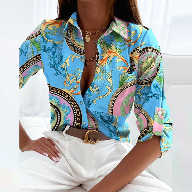 Sage - Elegante bedrukte blouse met omgeslagen kraag