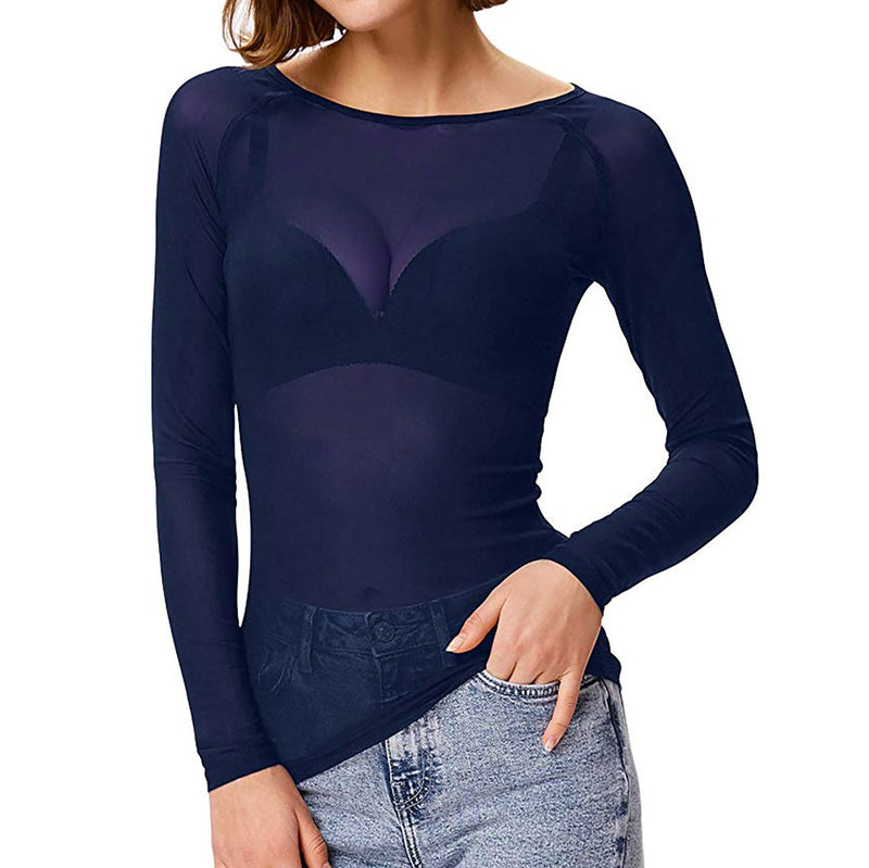 Bakina - Elegante Mesh Top met Lange Mouwen en Ronde Mouwen