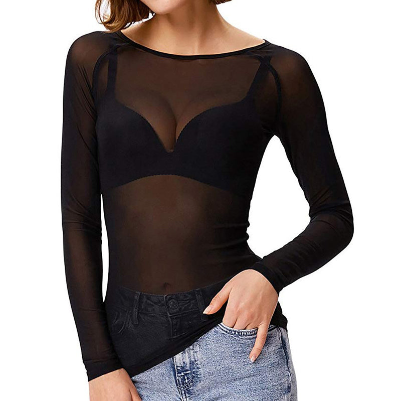 Bakina - Elegante Mesh Top met Lange Mouwen en Ronde Mouwen