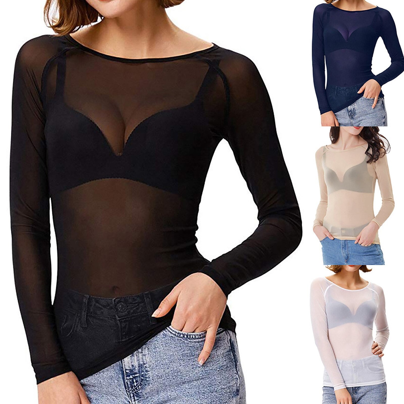 Bakina - Elegante Mesh Top met Lange Mouwen en Ronde Mouwen