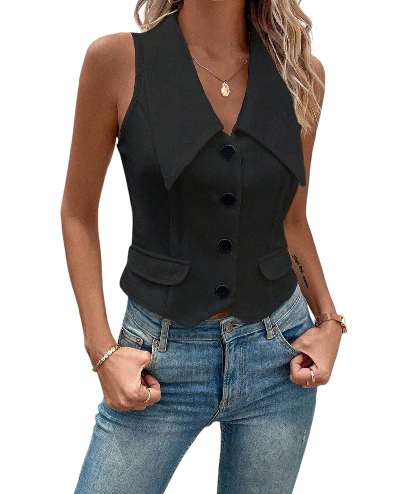 Lina – Chic Mouwloos V-hals Top met Knoopsluiting en Zakken